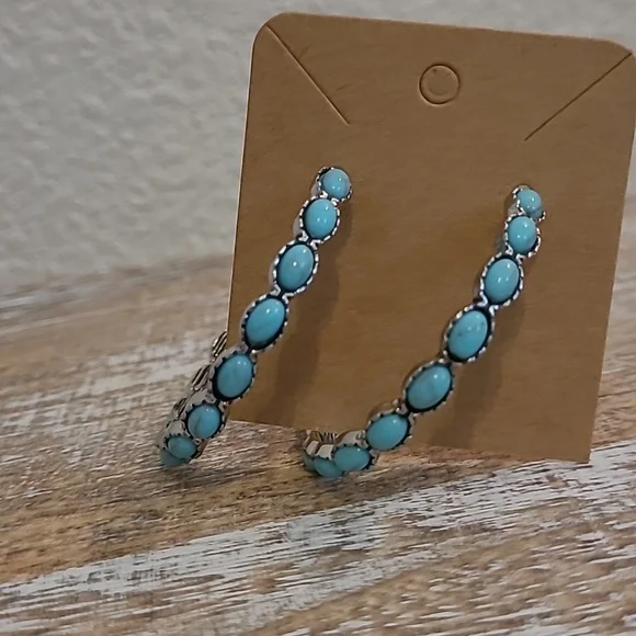 Turquoise Silver Western Hoop Earrings Light - Picture 3 of 4